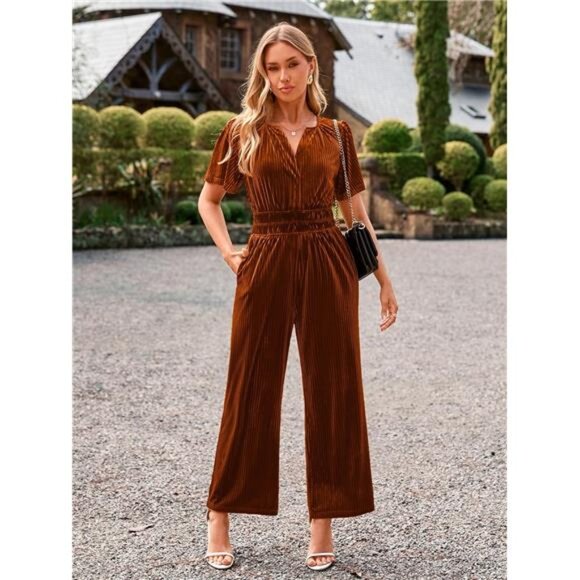 Women's Velvet Jumpsuit V Neck Elastic Waist Winter Romper - Picture 2 of 7